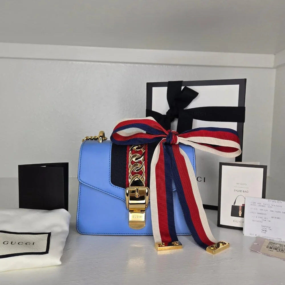 Gucci Sylvie Mini Flap Bag Blue with Ribbon & Chain Handbag Purse Crossbody - Picture 3 of 15